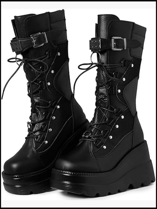 Shoes - Platform Combat Boots Chunky Wedge Heel Lace Up and Zipper Mid Calf Concerts